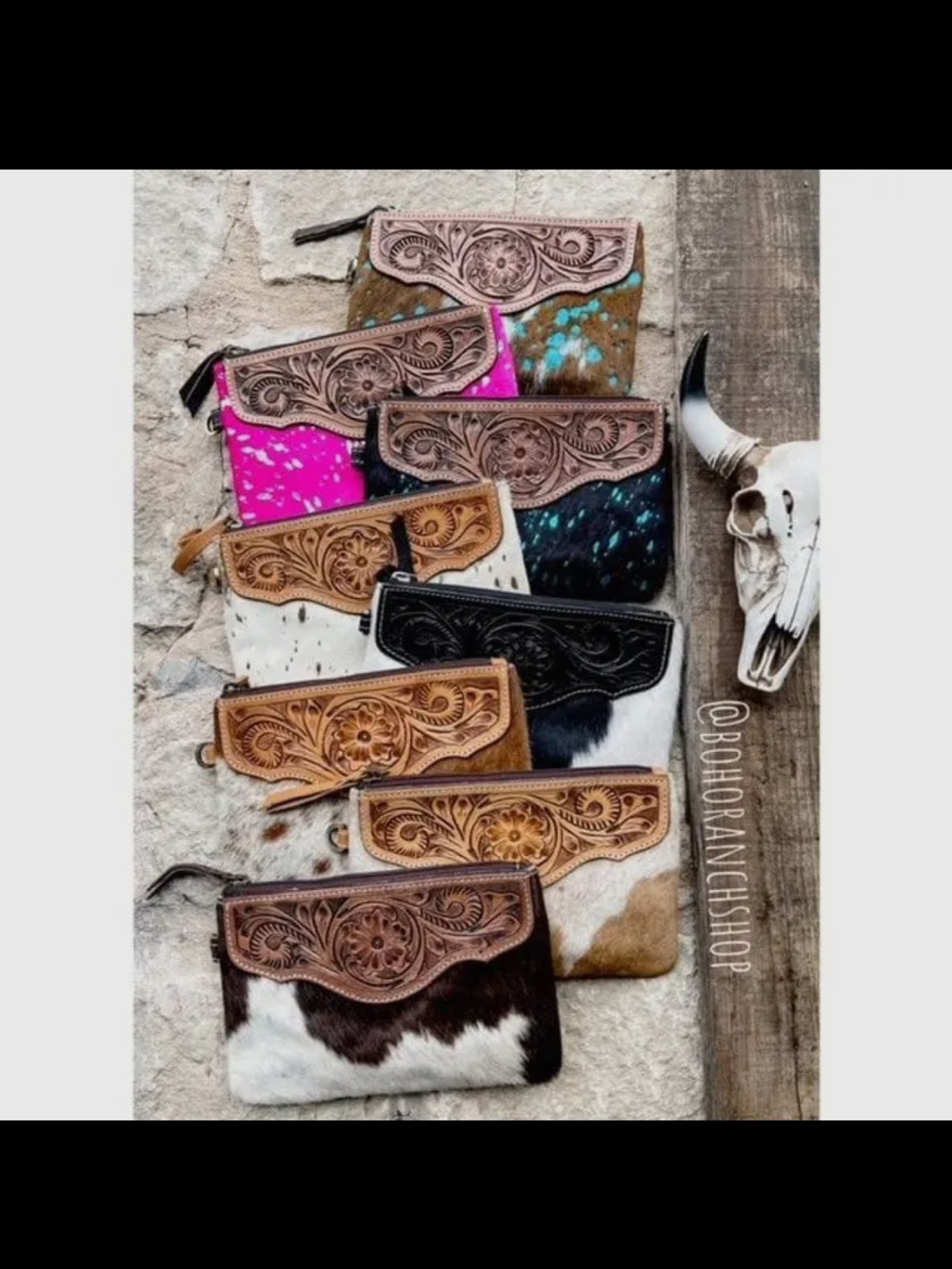 Tooled Leather & Cowhide Wristlet Clutch - Black, Tan, Pink, Blue Options